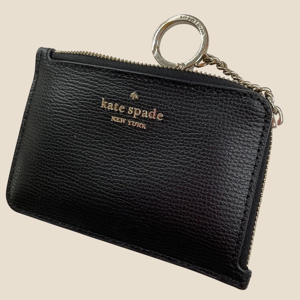 Kate Spade New York Black Pebbled Leather Zip Card Holder Wallet Key Ring